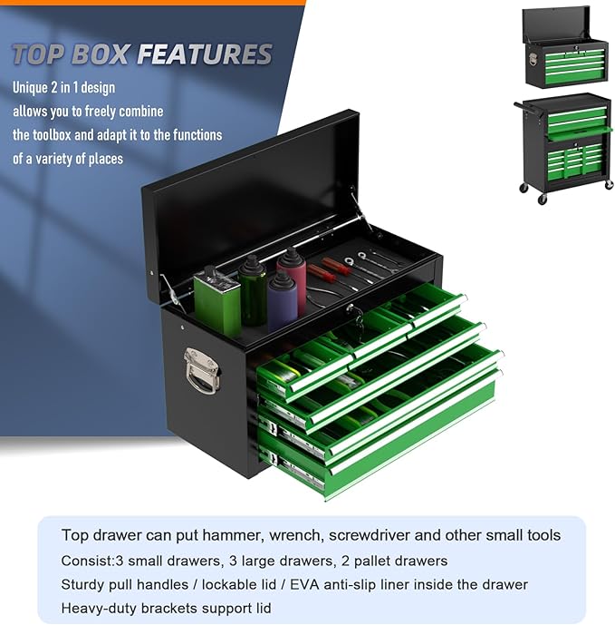 8-Drawer High Capacity Rolling Tool Chest with Wheels, Big Tool Storage Removable Tool Box Combo, Tool Storage Cabinet with Lockable Drawers, Toolbox for Workshop (Black&Green)