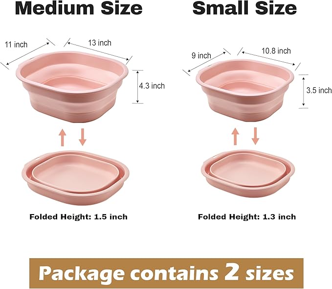 Collapsible Wash Basin Set of 2, Foldable Small Medium Size Wash Basin, Portable Plastic Basins for Laundry, Bottles, Travel, Camping (Pink)