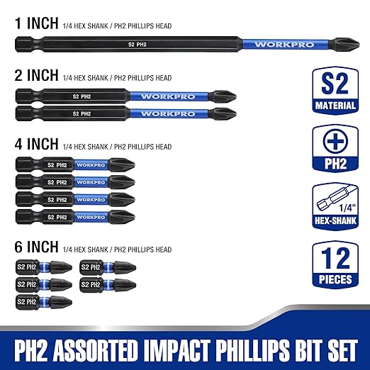 WORKPRO 12pcs PH2 Impact Phillips Screwdriver Bit Set, S2 Professional CNC Anti-Slip Magnetism Bits, 1/4" Hex-Shank #2 Phillips Impact Driver Bits, 1-6" Long Impact Screwdriving Bits with Holder