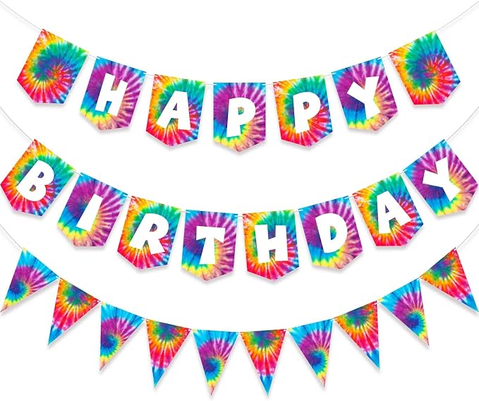 2 Pieces Tie Dye Birthday Party Banner Decorations Hippie Happy Birthday by Tatuo
