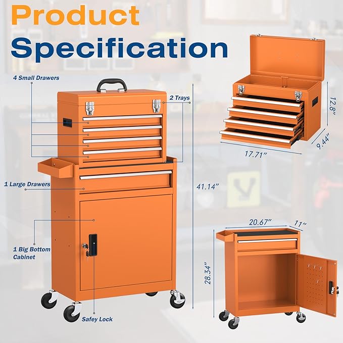 5-Drawer High Capacity Rolling Tool Chest, Removable Toolbox on Wheels Organizers, Lockable Tool Box Tool Storage Cabine with Drawers and Wheels for Workshop and Warehouse