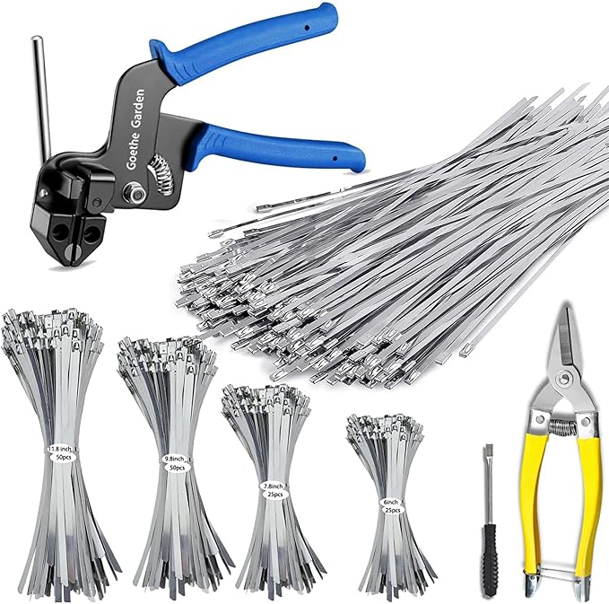 Stainless Steel Cable Tie Gun Set, with 150PCS Metal Zip Ties (Includ 6, 7.8, 9.8, 11.8 Inch), Adjustable Fastening Cutting Tie Tool Sets for Fencing, Exhaust Pipes, Automotive