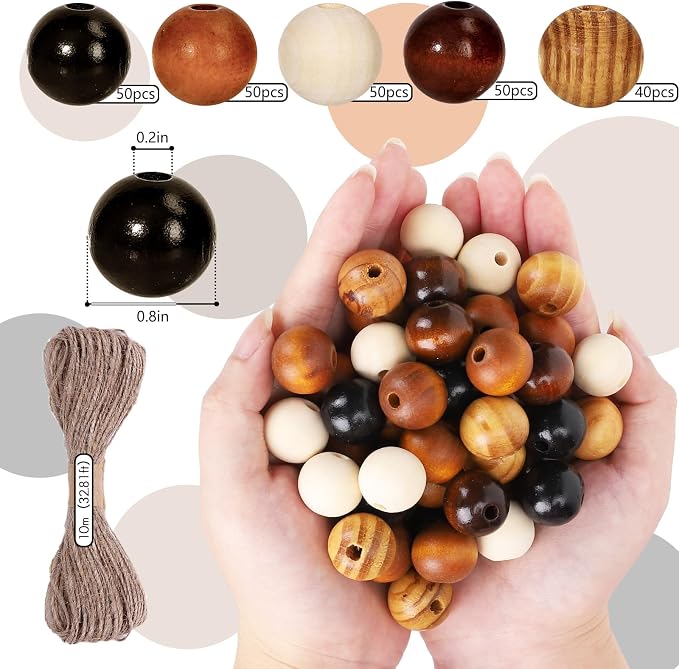 Whaline 240 Pcs Natural Wood Beads Rustic Color Round Wooden Bead Farmhouse - Image 2