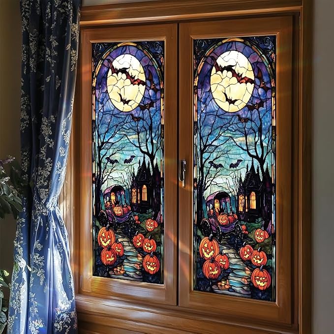 Halloween Stained Glass Window Film 17.71x39.97 Inch Pumpkin Carriage Ghost - Image 6