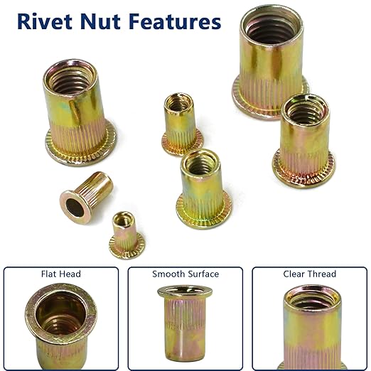 300pcs Metric Rivet Nut Assortment Kit，M3 M4 M5 M6 M8 M10 M12 Flat Head Rivnut Set, Metric Carbon Steel UNC Nutserts Rivnut, Zinc Plated, Flat Head Insert Nut Assort