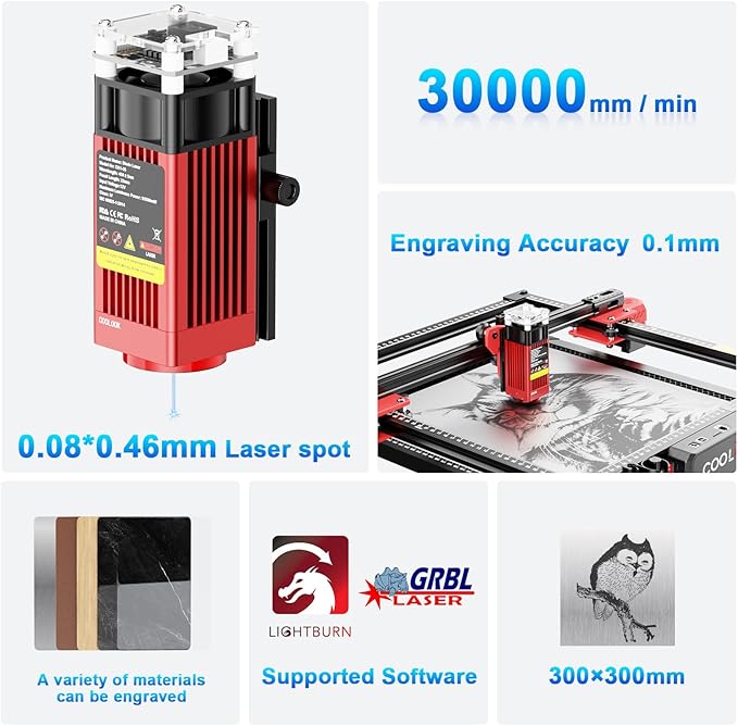 Coolook CK1-55 Laser Engraver, 5.5W Laser Engraving Machine, Laser Engraver Machine, Laser Cutter for Wood, Metal, Aluminum, Glass, Leather, 500mm/s Speed, 32-Bit Main Chip, 300x300mm Engraving Area