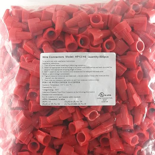 Red Winged Electrical Wire End Connectors Caps Bulk 500 Pack Large Twist-on Wire Connectors Nuts 18-8 AWG,HS P13 Type Screw Terminals