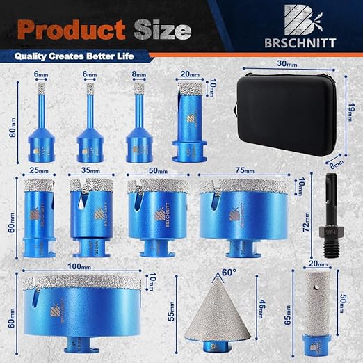 Diamond Core Drill Bit Set - 6/6/8/20/25/35/50/75/100mm Tile Hole Saw Kit for Porcelain Tile Ceramic Marble Granite 4/5”&2“Finger Chamfer Bit