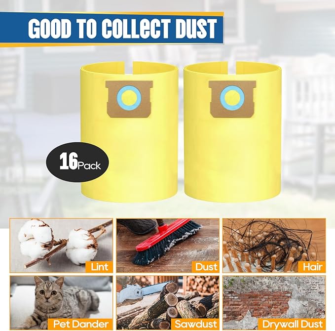 16-Pack 5-8 Gallon Bags replace for Shopvac, Type E 90661 9066133, Type H 90671 9067133.Disposable Wet Dry Vacuum Collection Bags, Yellow