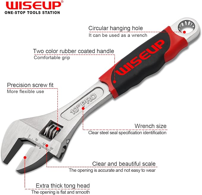 WISEUP Adjustable Wrench Sets 8 inch & 10 Inch Cr-V Forged Industrial Grade Hand Tools Wrench Set With Anti-Slip Grip crescent style