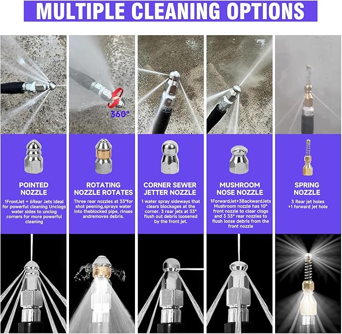 NIFUAL 25FT Sewer Jetter Kit for Pressure Washer, 5800PSI Drain Cleaner Hose 1/4 Inch NPT Corner, Rotating and Button Hose Sewer Jetting Nozzle Waterproof Tape Pearl Corsage Pin Spanner Glove