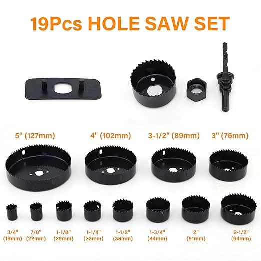 Hole Saw Set with 3/4" to 5"(19mm-127mm) 19PCS Hole Saw Kit for Soft Wood, Plastic, PVC Board, Including Saw Blades, Mandrels, Installation Plate, Drill Bits, Hex Key with Storage Case