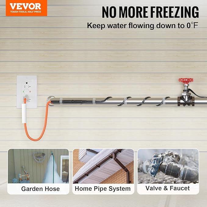 VEVOR Self-Regulating Pipe Heating Cable, 15FT 5W/FT Heat Tape for Pipes Freeze Protection, Water Pipe Heat Cable with Built-in Thermostat Protects PVC Hose, Metal and Plastic Pipe from Freezing
