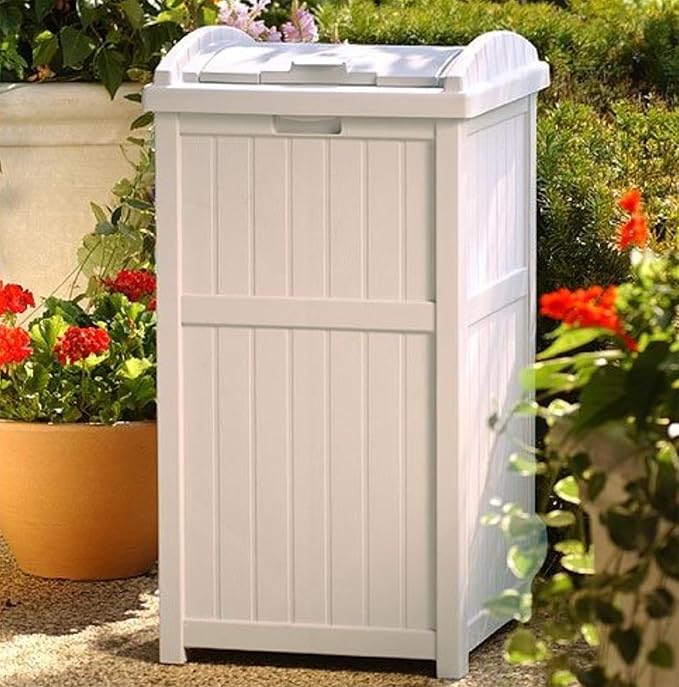 Suncast 33 Gallon Trash Hideaway Easy Assembly Durable Plastic Garbage Container with Wood Look Design, 1 Beige and Brown (2 Pack)