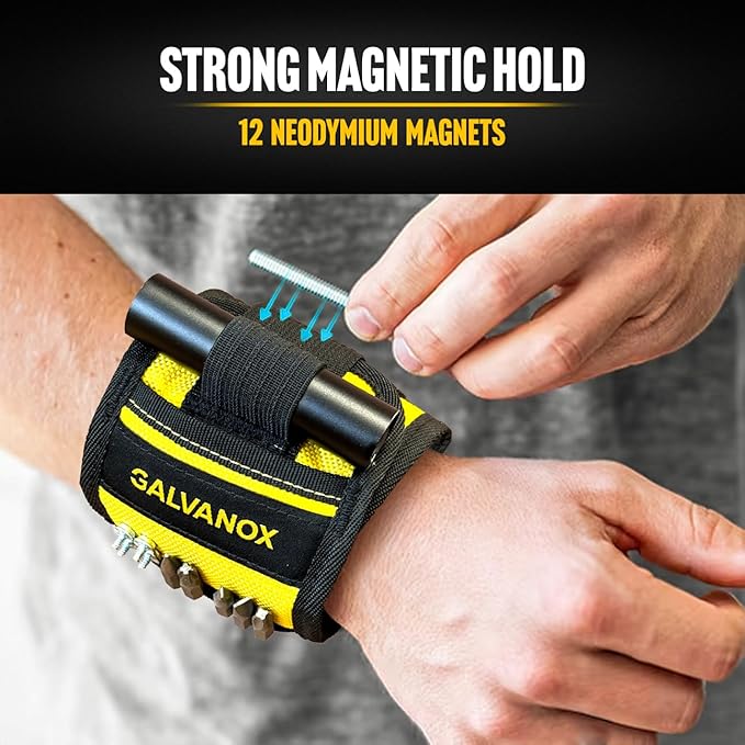 Galvanox Magnetic Wristband with Hands-Free Work Light (3-Mode) for Holding Screws Nails and Drill Bits, Durable Nylon with Powerful Magnets - Tool Gift for Men, Dad, Husband, Handyman (Yellow)