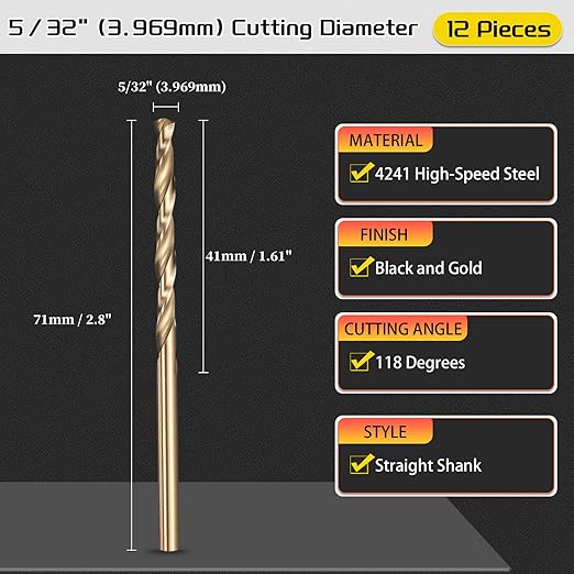 Drill Bit, 5/32" Cutting Diameter (3.969mm), 4241 HSS Black and Gold 118° Cutting Angle Versatile Jobber Bits - (Applications: for Drilling Plastic Wood Soft Thin Metal), 12-Pieces