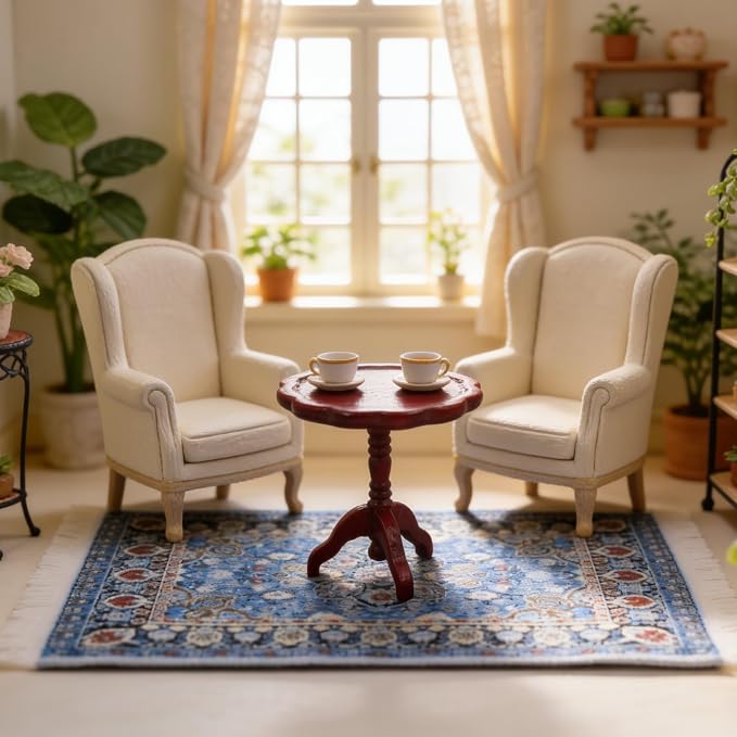 1:12 Scale Miniature Rug Carpet and End Table Wooden Side Table Dollhouse - Image 4