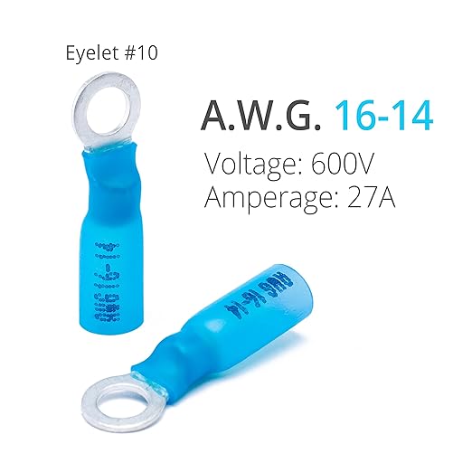 Wirefy Heat Shrink Ring Terminals #10 - Marine Grade Terminal Connectors - Waterproof Eyelet Wire Connectors - Red 16-14 AWG - 130 PCS | Heat Shrink Wire Connectors and Ring Terminal Kit