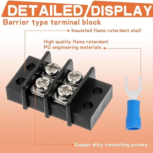 5 Circuits 5 Positions Terminal Block 20-30A 200-450V Dual Row Screw Terminals Strip with 50 PCS Heat Shrink Wire Fork Connectors(Pack of 5pcs)