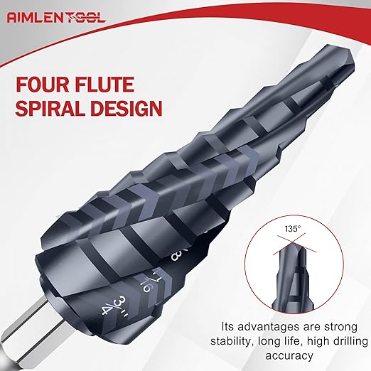 M35 Four Spiral Flute Cobalt Step Drill Bit Set 1/8"-7/8", Industrial Grade Wear-Resistant TiAlN Coated 1/4" Hex Shank Step Bit for Metal, Stainless Steel, Aluminum, Wood, Plastic (3pcs)