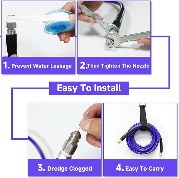 NIFUAL 50FT Sewer Jetter Kit for Pressure Washer, 5800PSI Pressure Drain Cleaner Hose 1/4 Inch NPT Corner, Rotating and Button Hose Sewer Jetting Nozzle Waterproof Tape Pearl Corsage Pin Spanner Glove