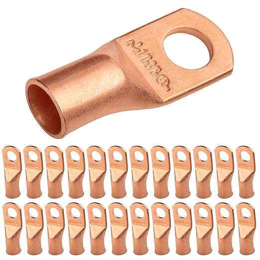 SELTERM 25pcs 1/0 AWG 3/8" Stud Battery Lugs, Ring Terminals, Heavy Duty Copper Wire Lugs, Battery Cable Ends, 0 Gauge Ring Terminal Connectors, UL Bare Copper Eyelets Electrical Battery Cable Lugs