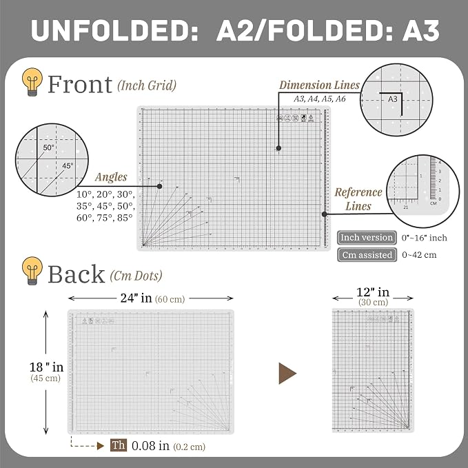 iMAT Flip Cutting Mat Note A2, Double-Sided, Translucent | Inch grid front - Image 2