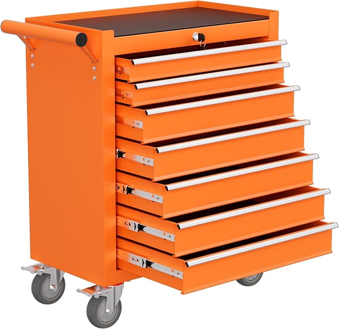 Rolling Tool Chest with Drawers, 7 Drawers Tool Chests & Cabinets, Metal Toolbox with Wheels, Lockable Storage Cabinet, Garage Tool Box with Drawers (Orange, 7 Drawers)