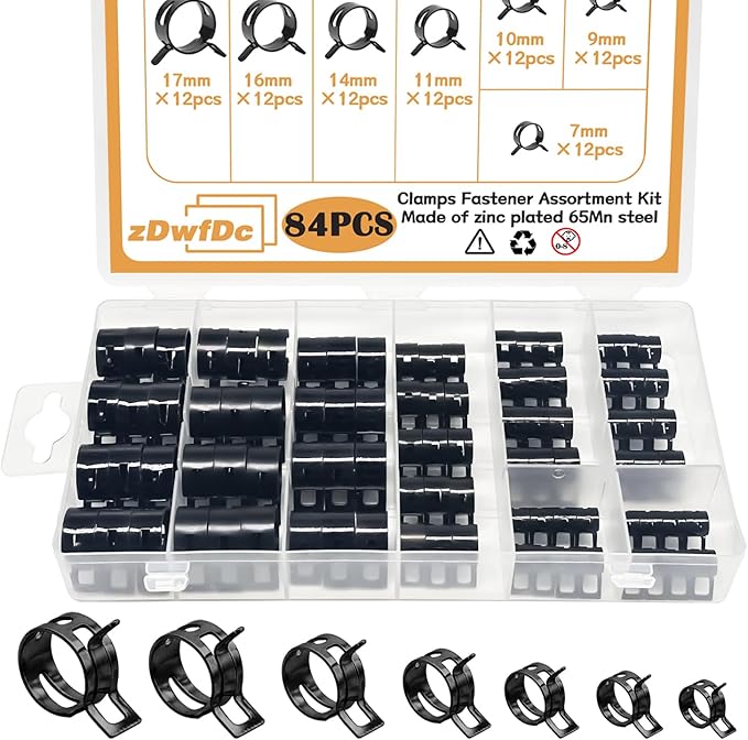 84PCS 7-17mm Fuel Line Hose Clamps Spring Clamp Firmware Silicone Vacuum & Automotive Replacement Fastener Sorting Kit, Black Manganese Steel Spring Hose Clamp DD006-b