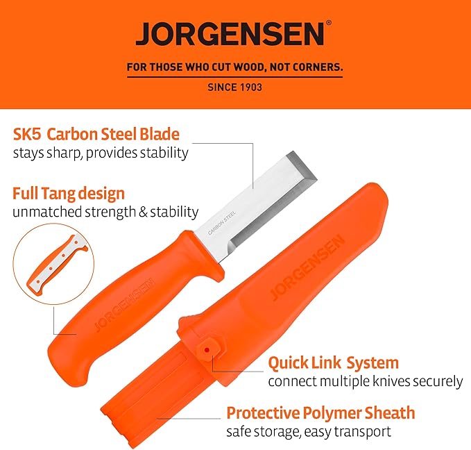 Jorgensen Wood Chisel Knife with Sheath, Wood Chisel for Woodworking with Ergonomic Handle, SK5 Carbon Steel Blade, Full Tang Design, for Carving, Whittling, Splitting