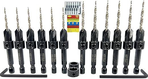 FTG USA Countersink Drill Bit Set for Wood with Tapered Drill Bit 6 Pc #4 (7/64"), 6 Pc #6 (9/64")