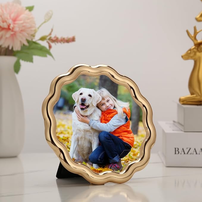 High-End Gold 5x5'' Round Zinc Alloy Picture Frames, Unique Wave Design - Image 2