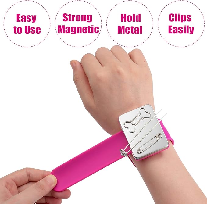 2 Pieces Magnetic Sewing Pincushion, Magnetic Wristband Pin Cushion Holder for Quilting Sewing Pins Hair Clips with Flannelette Bag, Silicone Wrist Strap Bracelet (Pink)
