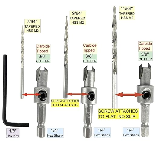 Wood Countersink Drill Bit Set #4#6#8 Set Countersink HSS M2 Tapered Drill Bits, Quick Change Hex Shank Countersink Bit, 1 Stop Collar, 1 Allen Wrench, Countersink Drill Bit for Woodworking