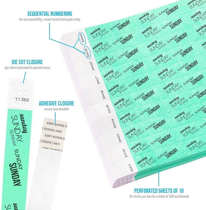 500 WristCo Sunday Aqua Tyvek Wristbands for Events - ¾” x 10” - Waterproof Recyclable Comfortable Tear Resistant Paper Bracelets Wrist Bands for Concerts Festivals Admission Party Tours