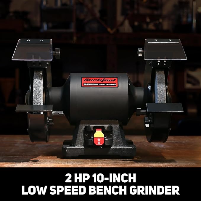 BUCKTOOL 2HP 10 Inch Low Speed Bench Grinder, 1750 RPM Table Grinder with 13A Motor, High Precision Wobble-free Wheel Grinder, TDS-250