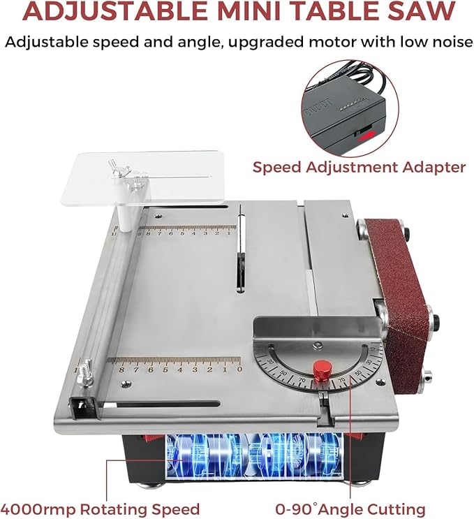 Mini Table Saw, 1.2x16.5in Multifunktional Small Table Saw With 10 Sanding Belts, 300W Dual Motor Control Belt Sander for Metal, Wood, Aluminum and Other Grinding and Cutting Tools