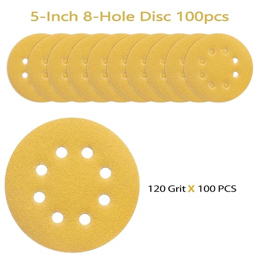 100PCS 5 Inch 8 Hole Sanding Discs 120 Grit,Gold Round Hook and Loop Sandpaper for Random Orbital Sander