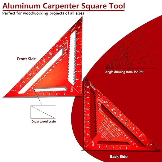 Carpenter Square 12 Inch, Aluminum Rafter Square Carpenter for Woodworking, Sturdy Angle Drawing Measuring Ruler, Layout Tool Alloy Triangle Ruler Protractor for Carpentry, Red