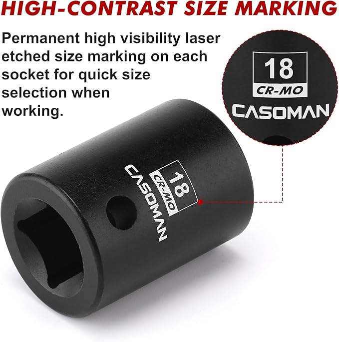 CASOMAN 1/2" Drive x 18mm Impact Socket, 6-Point, Metric, CR-MO