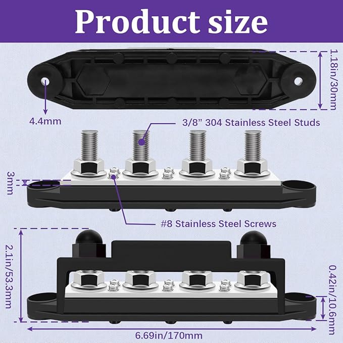 250A 12V Bus Bar Marine Power Distribution Block with Cover with 4 x 3/8”Post 6 x #8 Screws Terminals,Battery Bus Bar (Pair, Red & Black),Automotive Busbars 12 Volt for Car Boat Solar Wiring