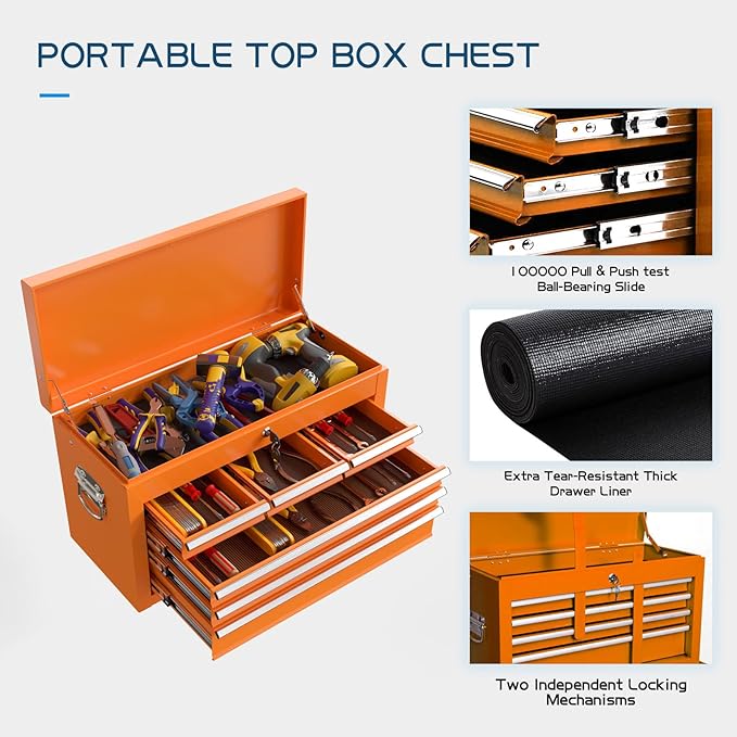 8-Drawers Large Tool Chest, 2-in-1 Detachable Garage Rolling Tool Box Metal Tool Storage Cabinet Removable Lockable Tool Cart with Wheels and Drawers