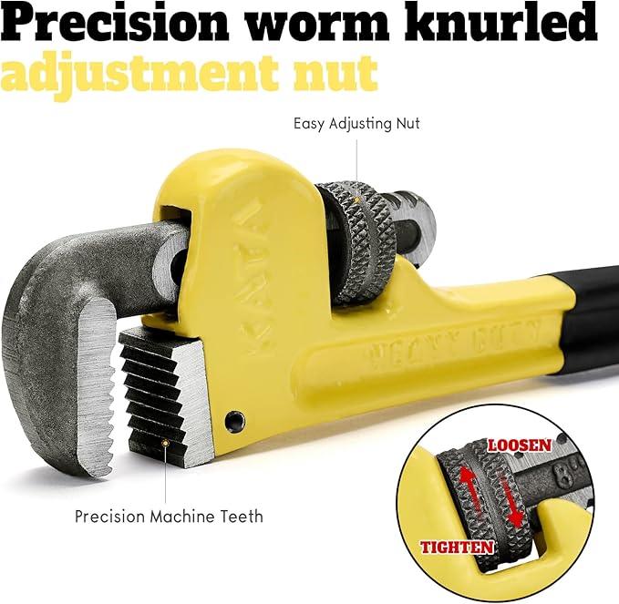 8 Inch Heavy Duty Pipe Wrench, Forged High Carbon Steel Adjustable Wrench with Non-Slip Serrated Jaws, Compact Plumbing Tool for Tight Spaces