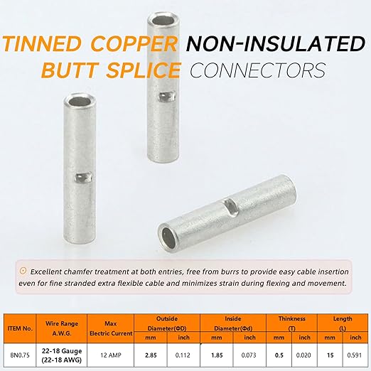 SVAAR 100PCS 24-18 Gauge Non Insulated Butt Connectors 24-18 AWG Uninsulated Butt Splice Connectors Crimp Repair Butt Splices Kit Tinned Copper Marine Grade Seamless Barrel Crimp Butt Splice Terminals