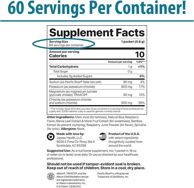 Jigsaw Health Potassium Cocktail | Formerly Pickleball Cocktail | Blue Raspberry Flavor | 60 Servings (Packets)
