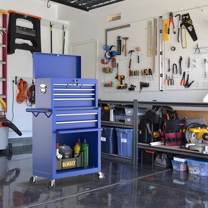 8 Drawer Tools Chest,42.9 inch Tool Cabinet with Universal Lockable Wheels，Organizable Tool Box with Detachable Top Box for Workshop，Blue