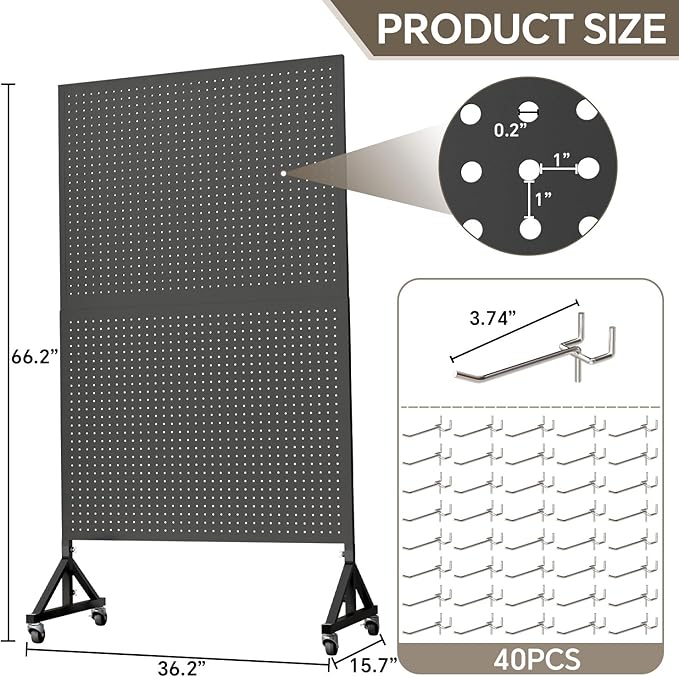 Metal Pegboard Display Stand 3.5 x 5.5 Feet, Adjustable Height with 40 Peg Board Hooks and Wheels, Pegboard Display Rack, Craft Display Rack, Retail Display Rack, Garage Peg Board, Pegboard