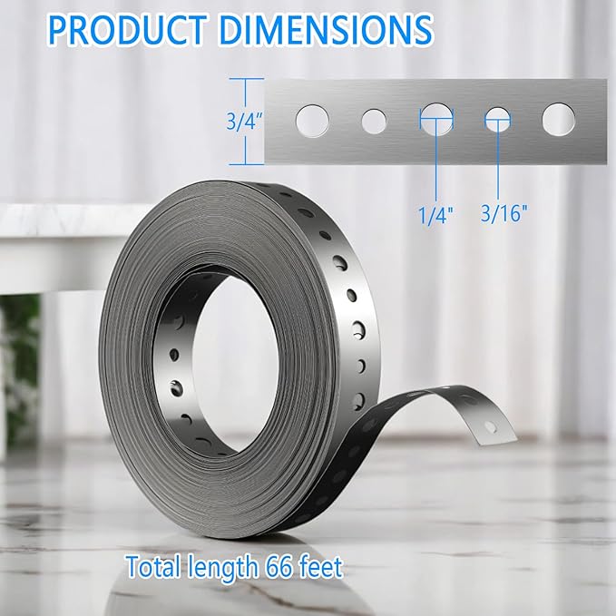Galvanized Metal Pipe Strap 3/4" x 66 FT, 32-Gauge - Metal Hanger Strapping with Holes for Pipe Support, Flexible Trimming | Includes Storage Case & Gloves (66 FT)