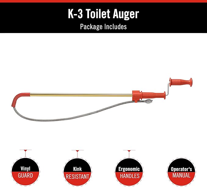 RIDGID 59787 Model K-3 Toilet Auger with Unclogging 3-Foot Snake and Bulb Head
