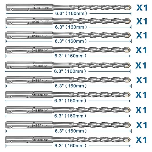 10-Piece 1/4” SDS Plus Drill Bits Rotary Hammer Drill Bit Set, Carbide Tipped for Drilling Concrete Cement Porcelain Tiles Ceramic Pots Stone Brick, Diameter 6mm, 160mm Long, SDS Plus Shank